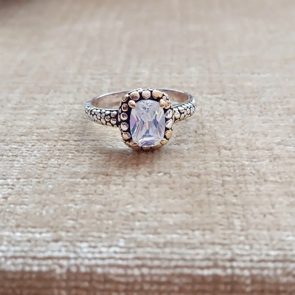 Rhinestone Pebbled Gold and Silver Textured Silver Ring